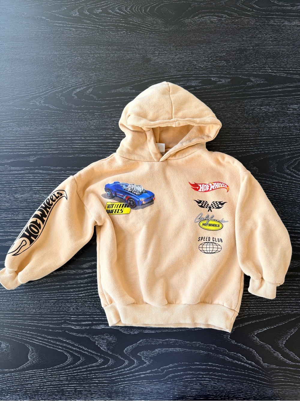 Zara Beige Hoodie with Hot Wheels Racing Graphics